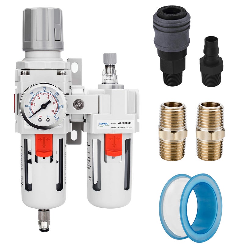 NANPU 3/8" NPT Compressed Air Filter Regulator Lubricator Combo Water/Oil Trap Separator - Gauge(0-150 psi), Poly Bowl, Semi-Auto Drain, Bracket - 3 in 1 Two Unit - Image 1